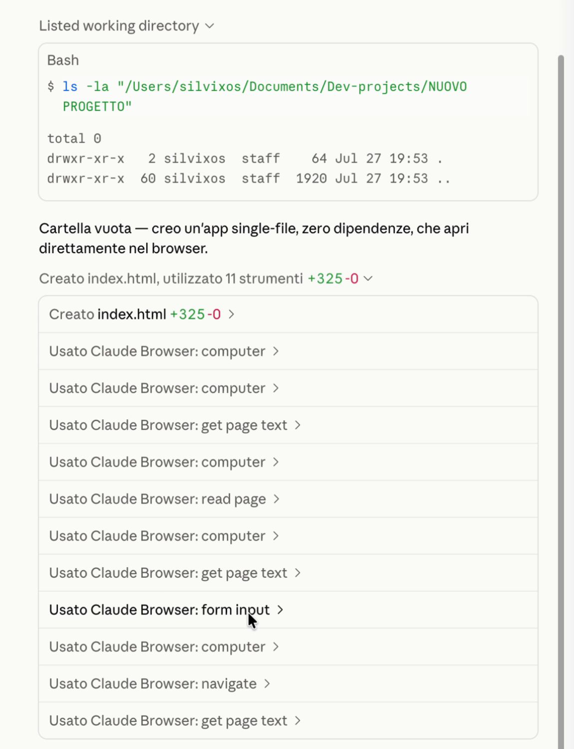 L'elenco degli strumenti usati da Claude Code in una sola risposta: dopo aver creato il file, una lunga sequenza di usi del browser — apri la pagina, leggi il testo, compila un campo, naviga, rileggi.