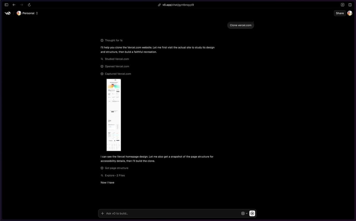  *Lo screenshot completo dell'intera landing di* [ *vercel.com* ](http://vercel.com/) *catturato dall'agent — da qui parte la generazione del codice React* 