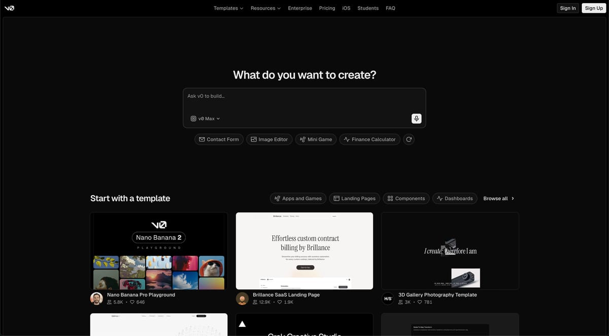  *La dashboard di* [ *v0.dev* ](http://v0.dev/) *appena entrati: la barra di prompt al centro è il nostro punto di partenza* 