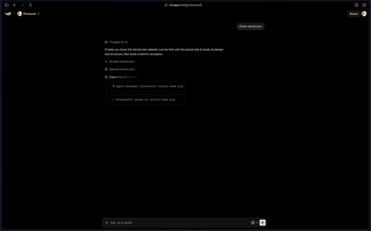 Browser Use in azione: v0 apre [vercel.com](http://vercel.com/) nell'agent-browser e ci mostra step-by-step cosa sta facendo