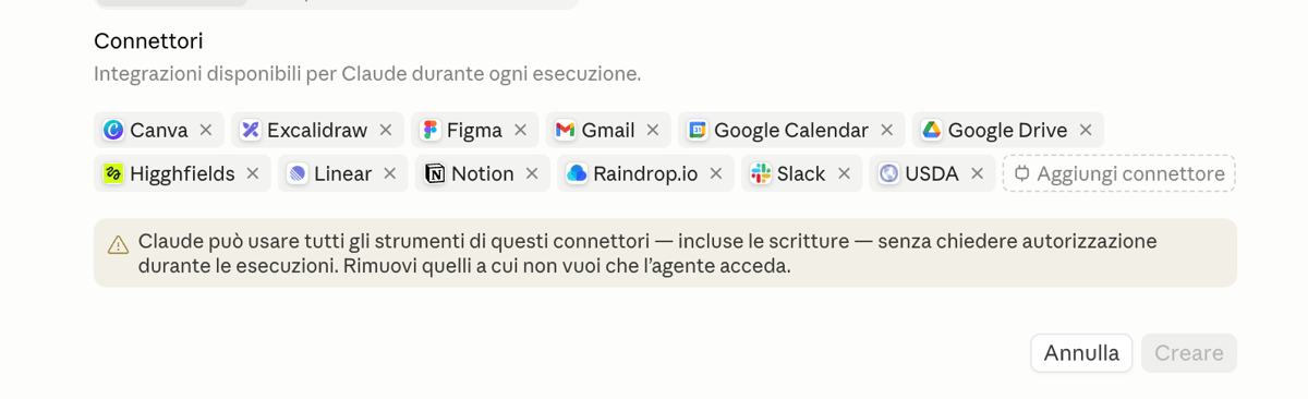 I connettori attivati per una routine: Gmail, Calendar, Slack e Drive collegati a Claude