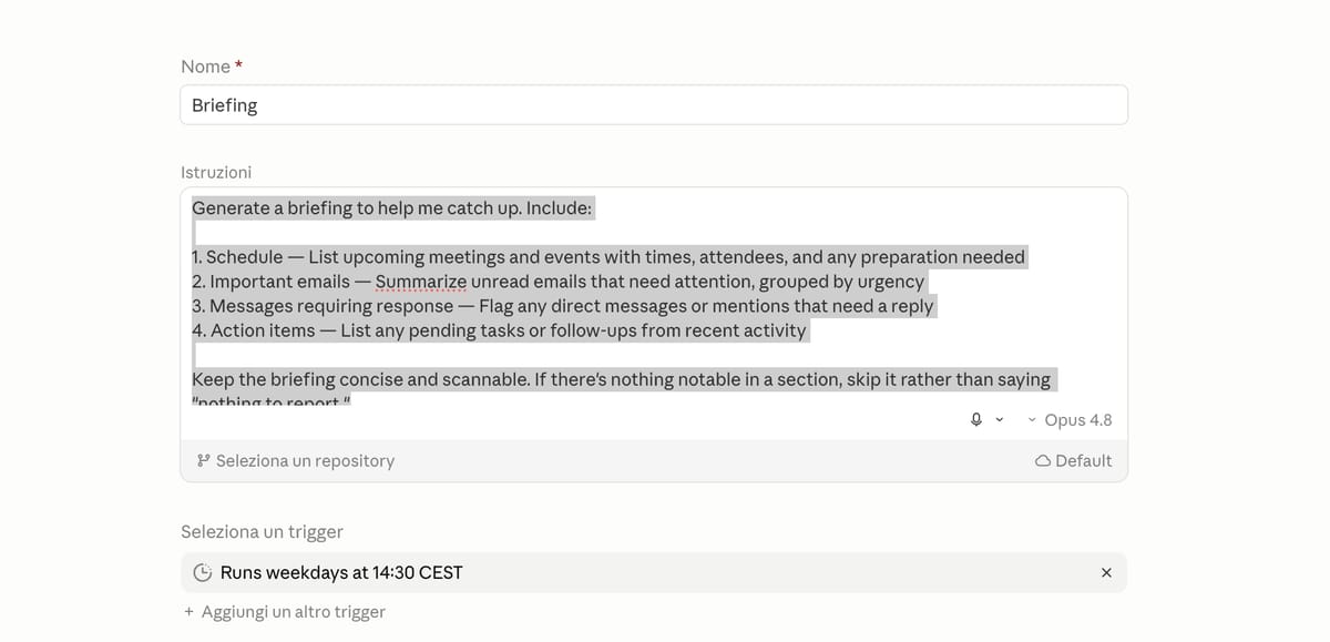 Il briefing giornaliero generato dalla routine: agenda, email da rispondere e aggiornamenti dei canali