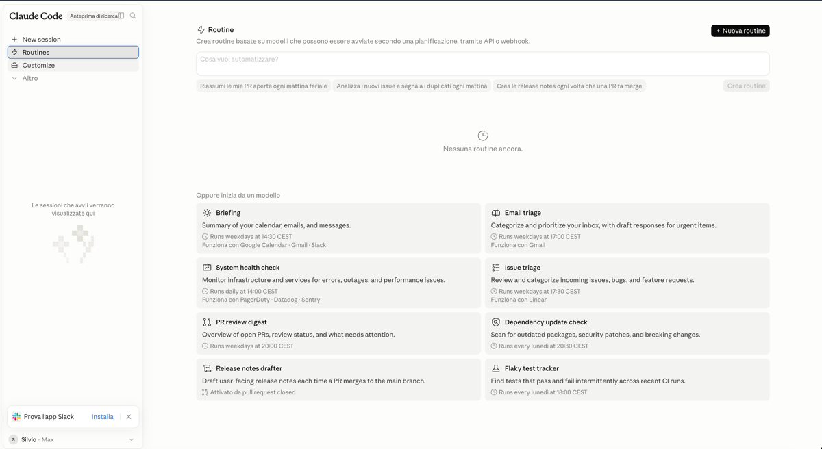Il template Briefing tra i modelli di routine pronti all'uso su Claude Code