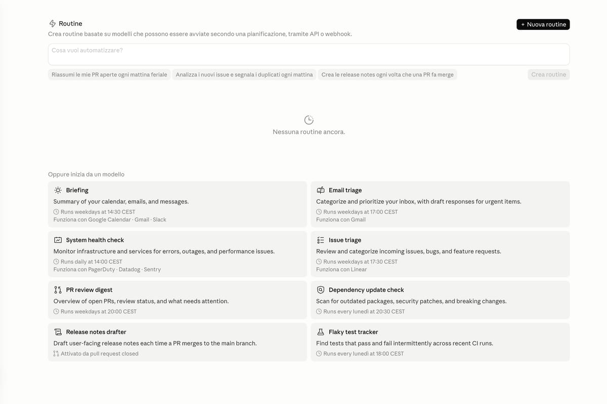 La pagina claude.ai/code/routines con i tre modi per costruire una routine: da template, in linguaggio naturale o da zero