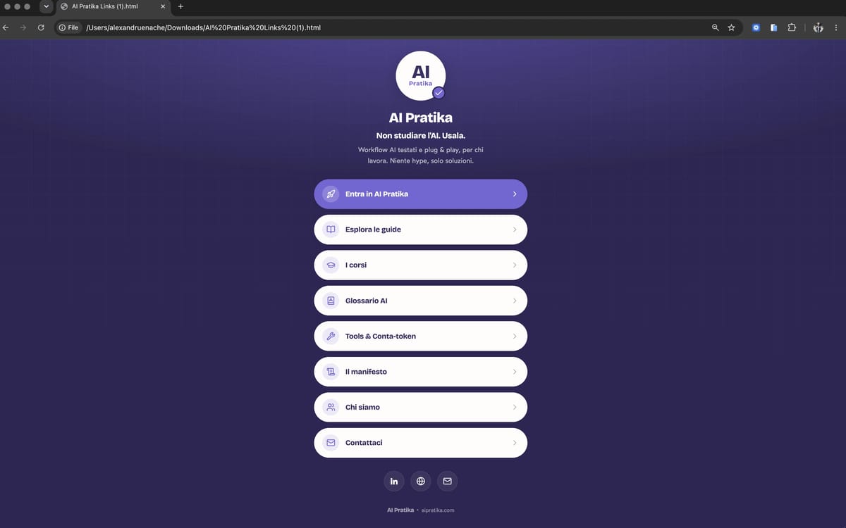 La pagina linktree finale generata, nello stile di AI Pratika