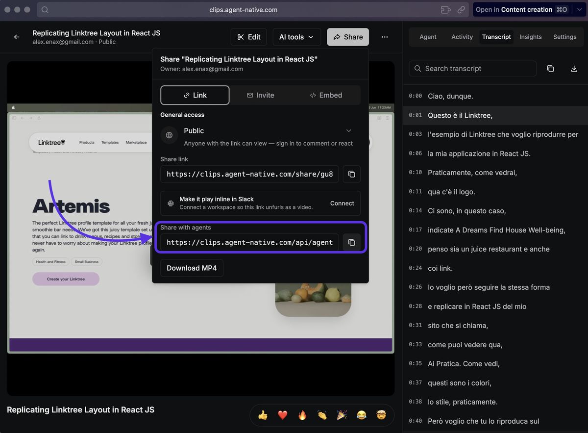 Come prendere il link corretto, quello per l'agente AI, da condividere