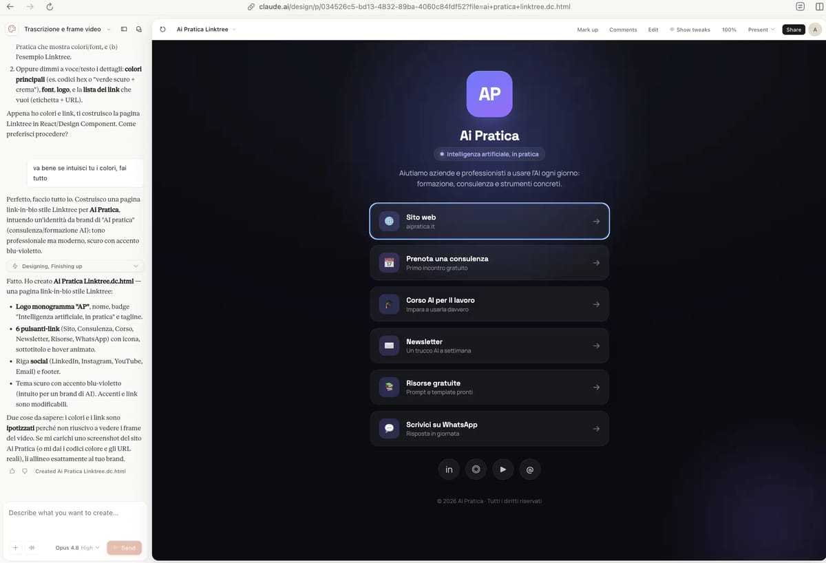 Il risultato ottenuto senza design system, con un secondo prompt per chiarire i colori di AI Pratika