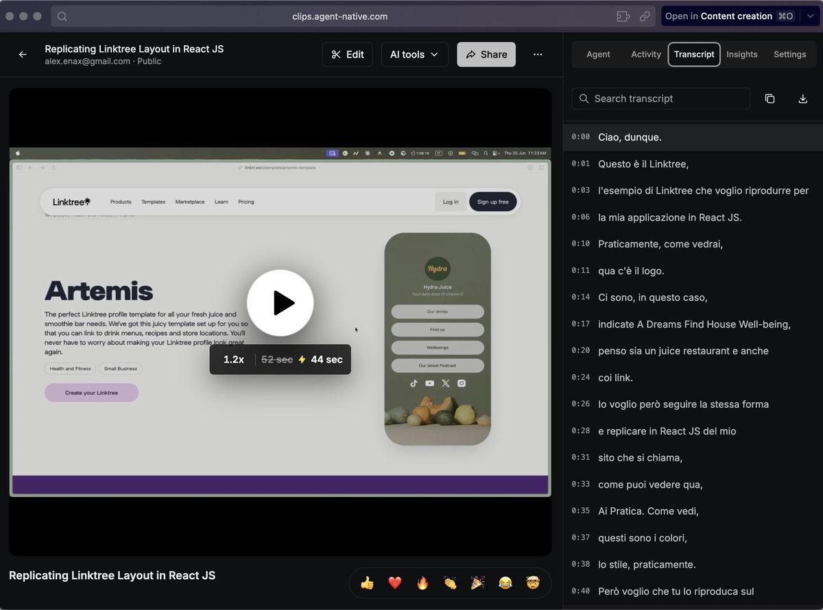 Clips mostra il video appena registrato come pronto dopo l'elaborazione, condivisibile come un Loom