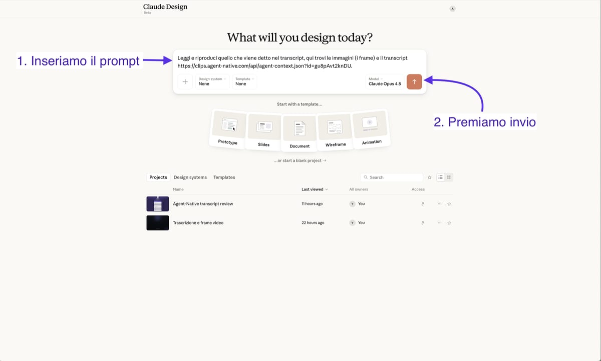Il prompt della Strada A incollato in Claude Design, con solo il link per agente