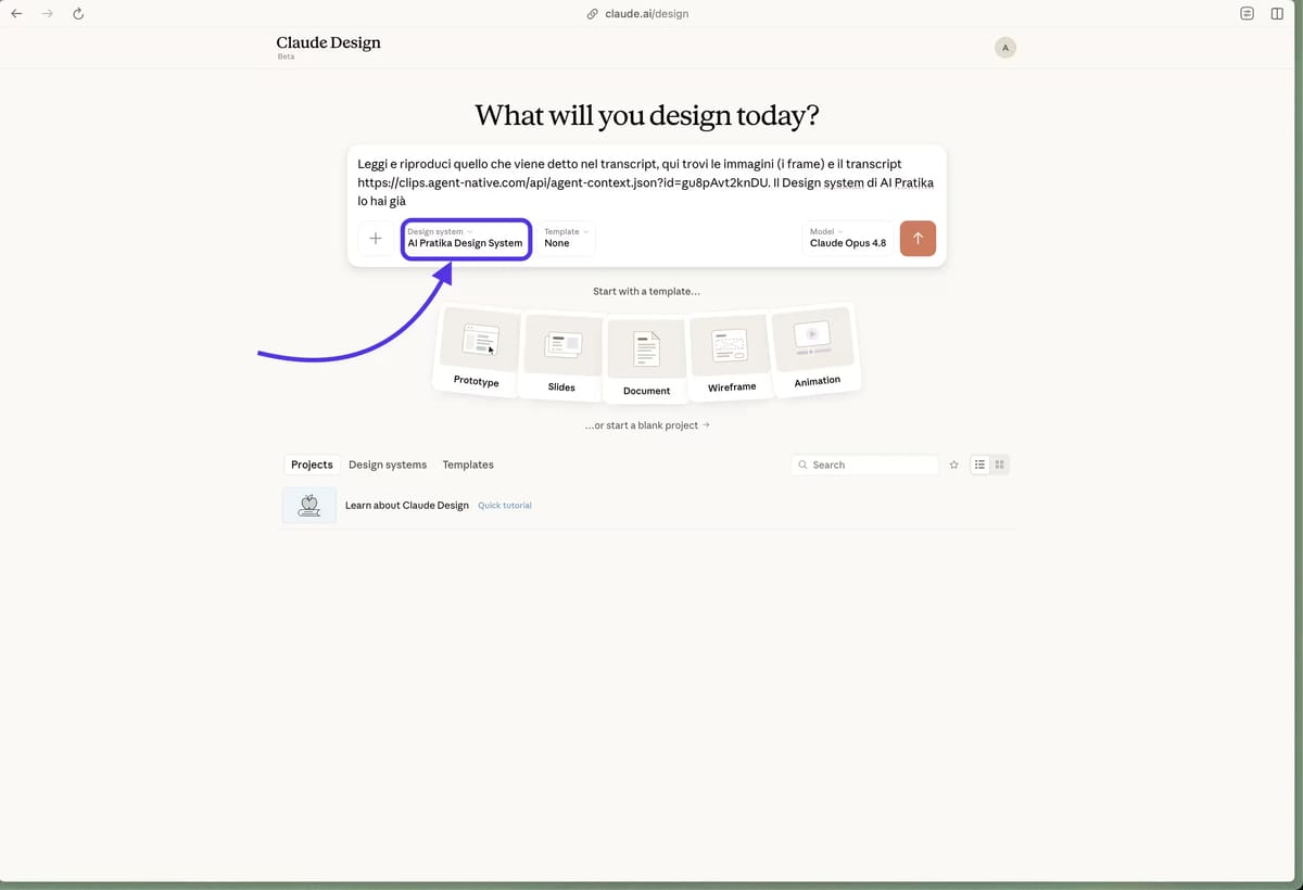 L'impostazione del Design System dentro Claude Design