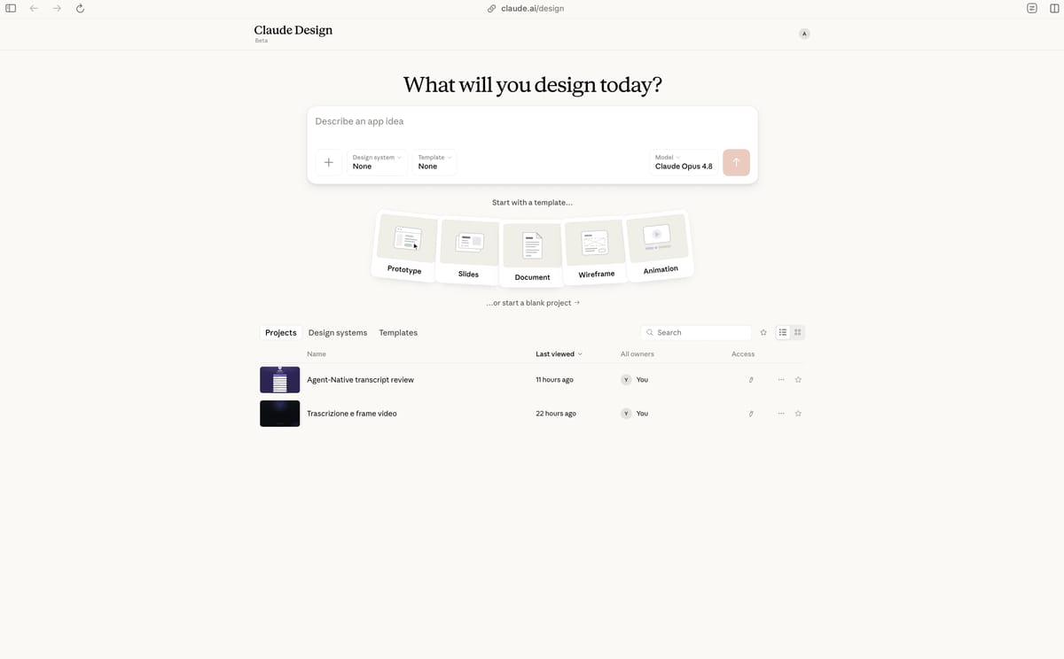 L'interfaccia di Claude Design con un nuovo progetto appena creato