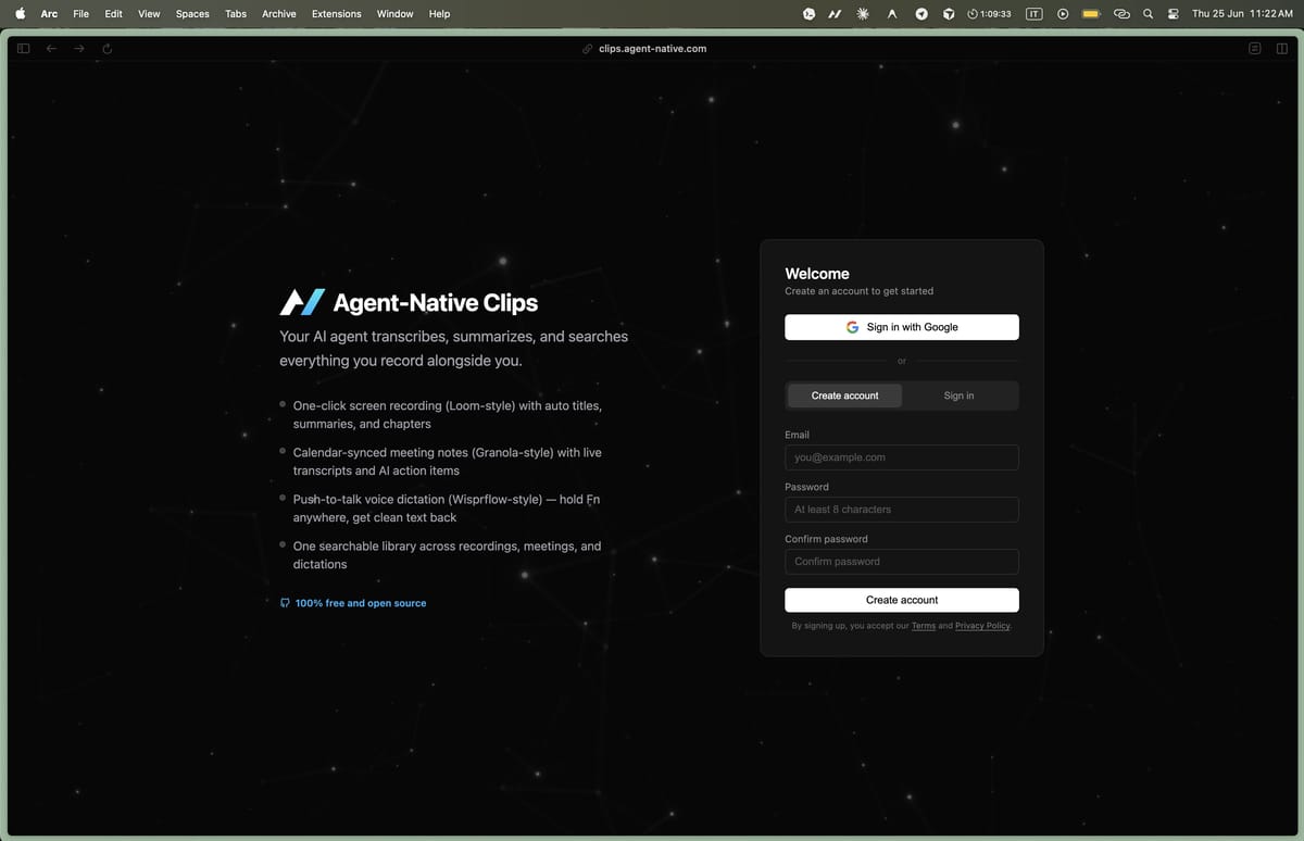La schermata di registrazione dell'account su clips.agent-native.com