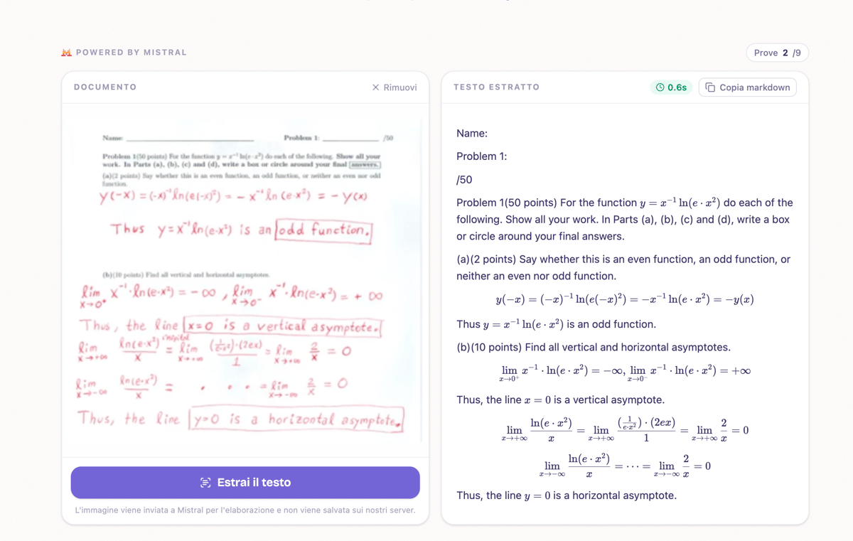 Lo strumento OCR di AI Pratika: a sinistra il documento manoscritto, a destra il testo estratto in 0,4 secondi