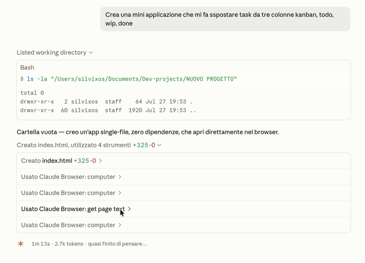 Claude Code al lavoro: prima il comando che elenca la cartella con il suo esito, poi la frase «Cartella vuota — creo un'app single-file», poi l'elenco degli strumenti usati, e in fondo il tempo trascorso e i token consumati.