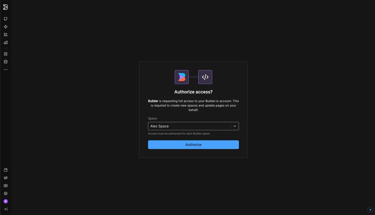La schermata Authorize access di Builder.io con la selezione dello Space