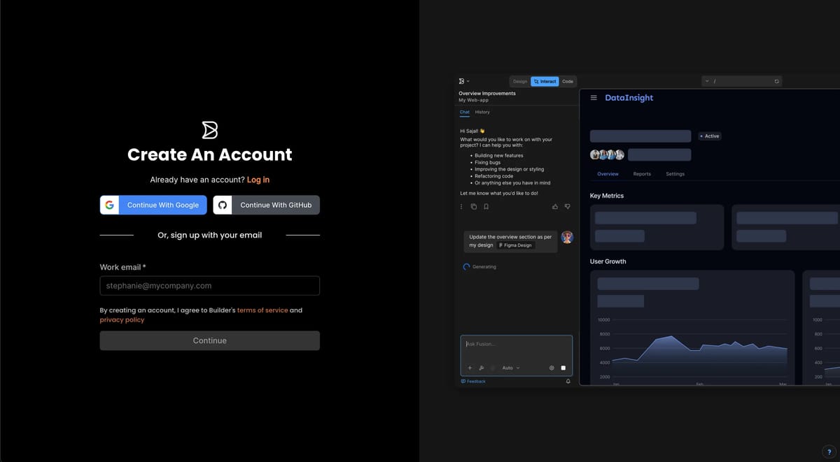La schermata Create An Account di Builder.io con Continue With Google