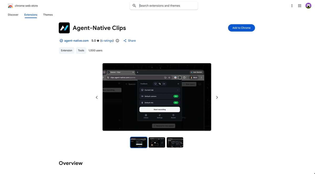 La pagina dell'estensione Agent-Native Clips sul Chrome Web Store con il pulsante Add to Chrome