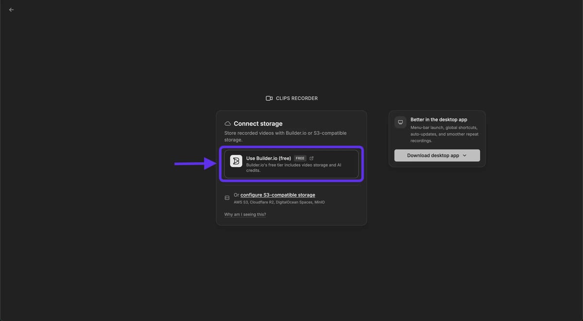 La schermata Connect storage di Clips con l'opzione Use Builder.io free evidenziata