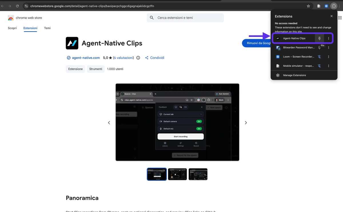 Il menu delle estensioni di Chrome con Agent-Native Clips e l'icona del pin