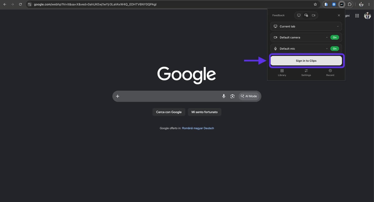Il popup dell'estensione Clips con il pulsante Sign in to Clips evidenziato