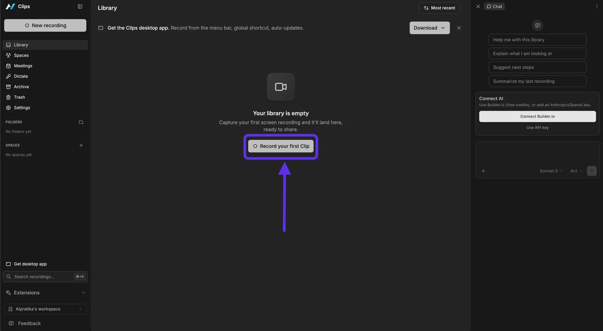 La libreria di Clips vuota, con il pulsante Record your first Clip evidenziato