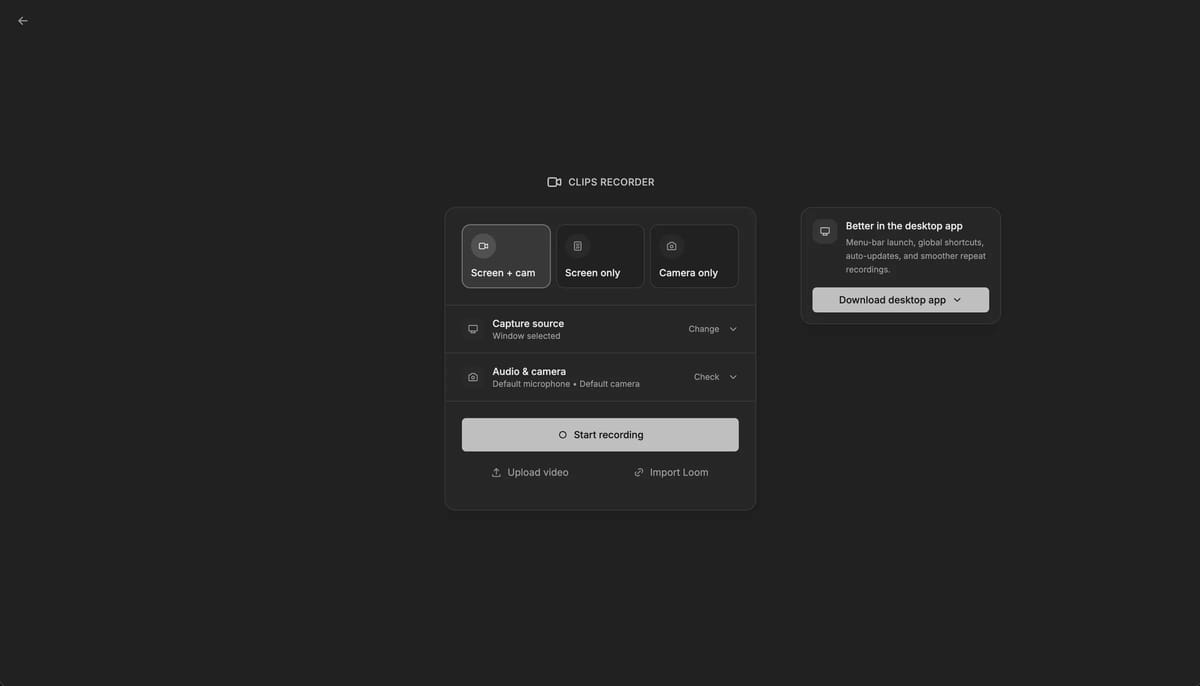Il recorder di Clips con le opzioni Screen + cam, Screen only, Camera only e Start recording