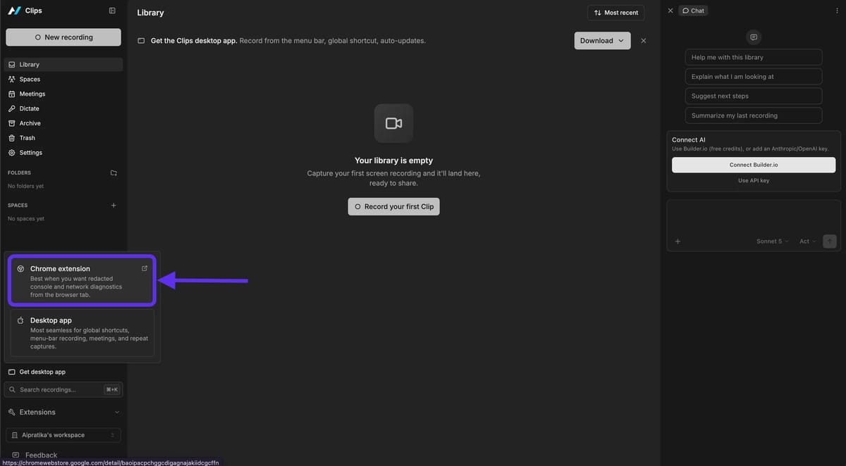 La scelta del recorder in Clips con l'opzione Chrome extension evidenziata