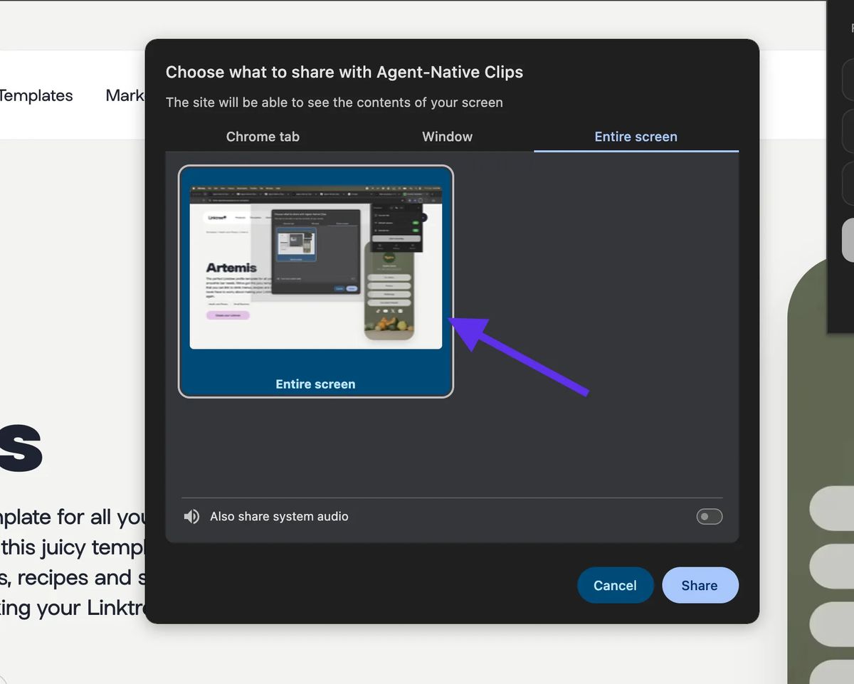 Il popup di Chrome per scegliere cosa condividere con Agent-Native Clips