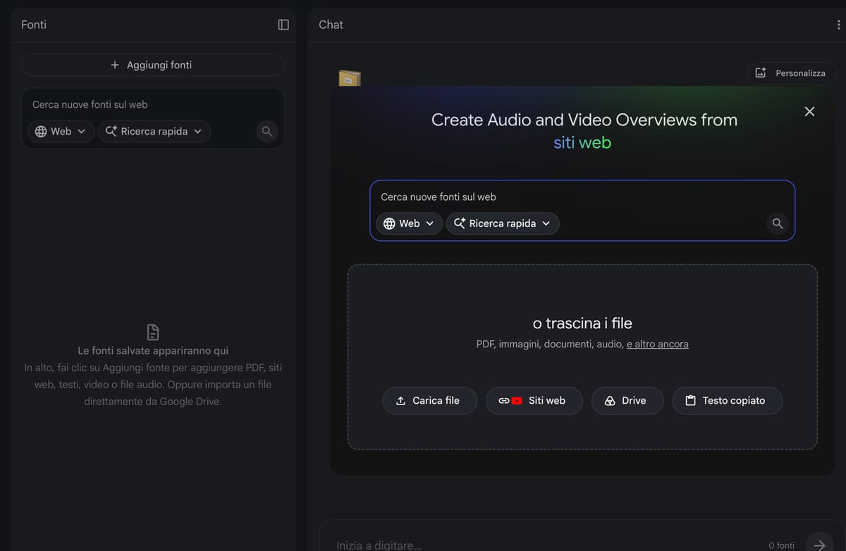 La finestra «Aggiungi fonti» di NotebookLM per caricare file, siti web, Google Drive o testo