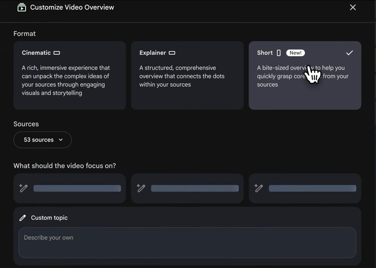 La finestra «Customize Video Overview» con i formati Cinematic, Explainer e Short, con Short selezionato