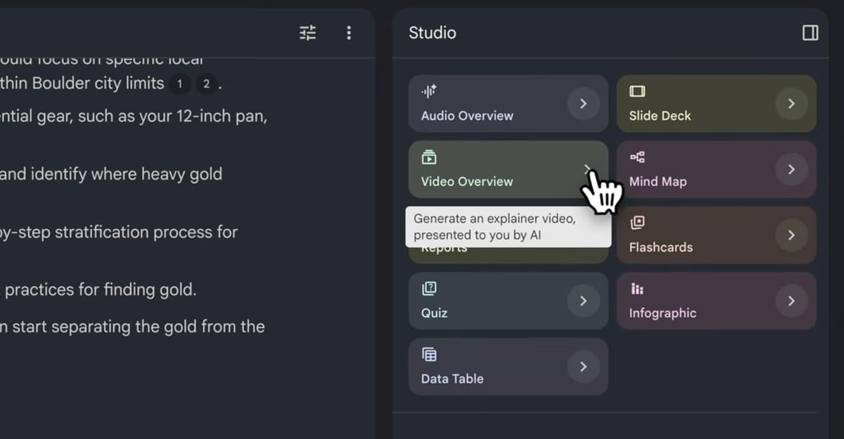 Il pannello Studio di NotebookLM con l'opzione Video Overview evidenziata