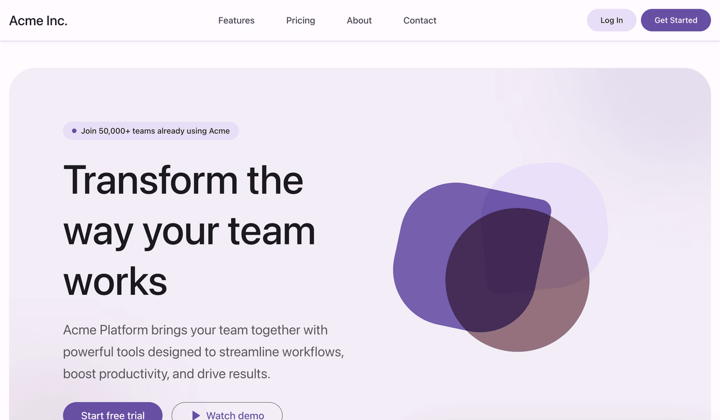 Demo in stile Material Design: fondo lilla chiarissimo, titolo tondo, forme viola sovrapposte e pulsanti a pillola.